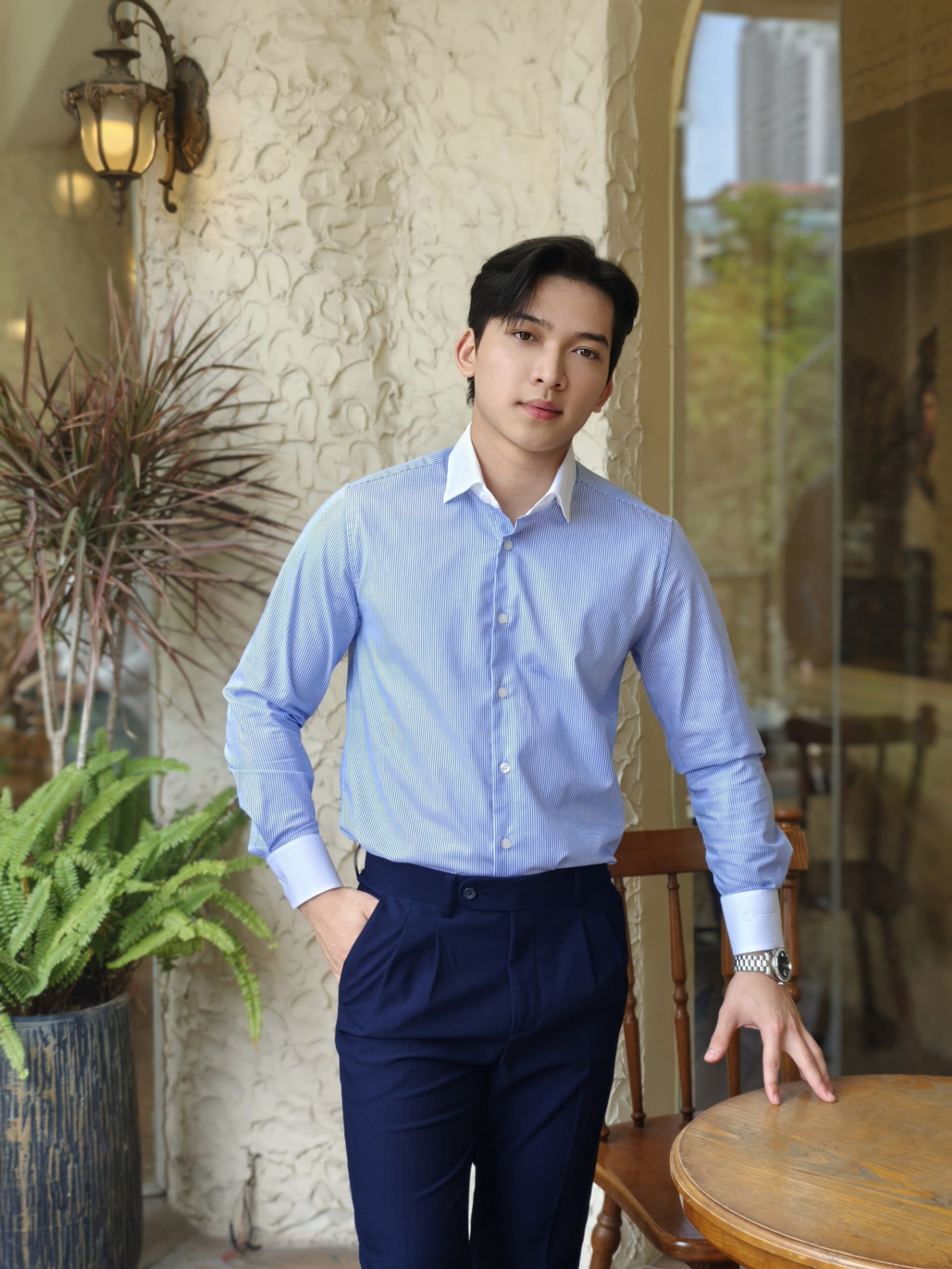 SM regular fit dài tay, màu xanh kẻ tăm trắng , cổ - cổ tay đáp trắng #1143