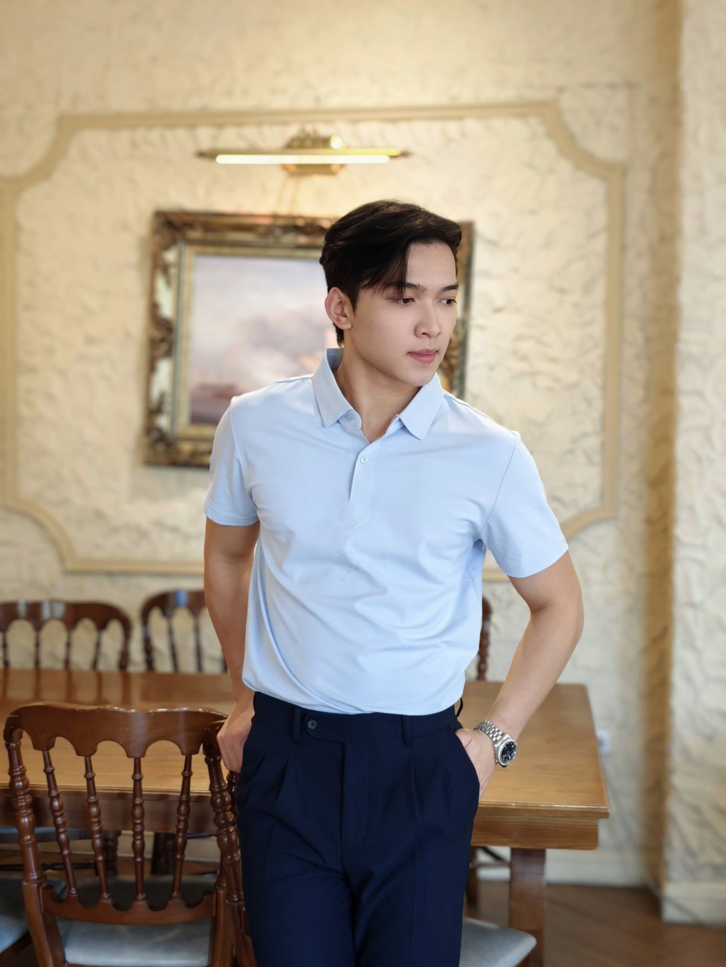 AF cổ bẻ , màu xanh trơn #381