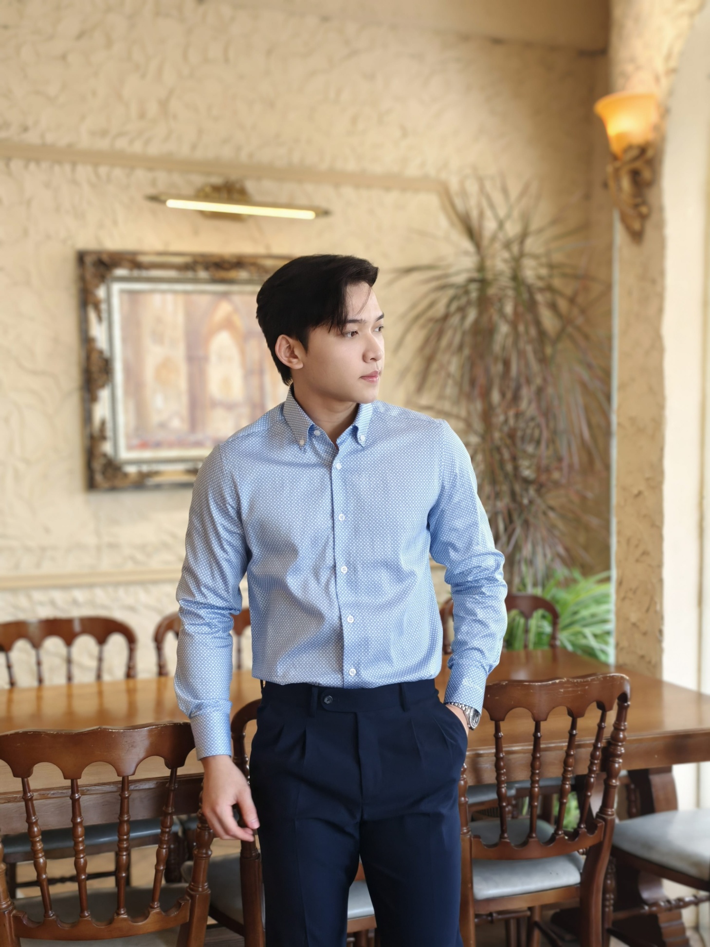 SM regular fit dài tay, màu xanh chấm tròn ô vuông trắng #1142