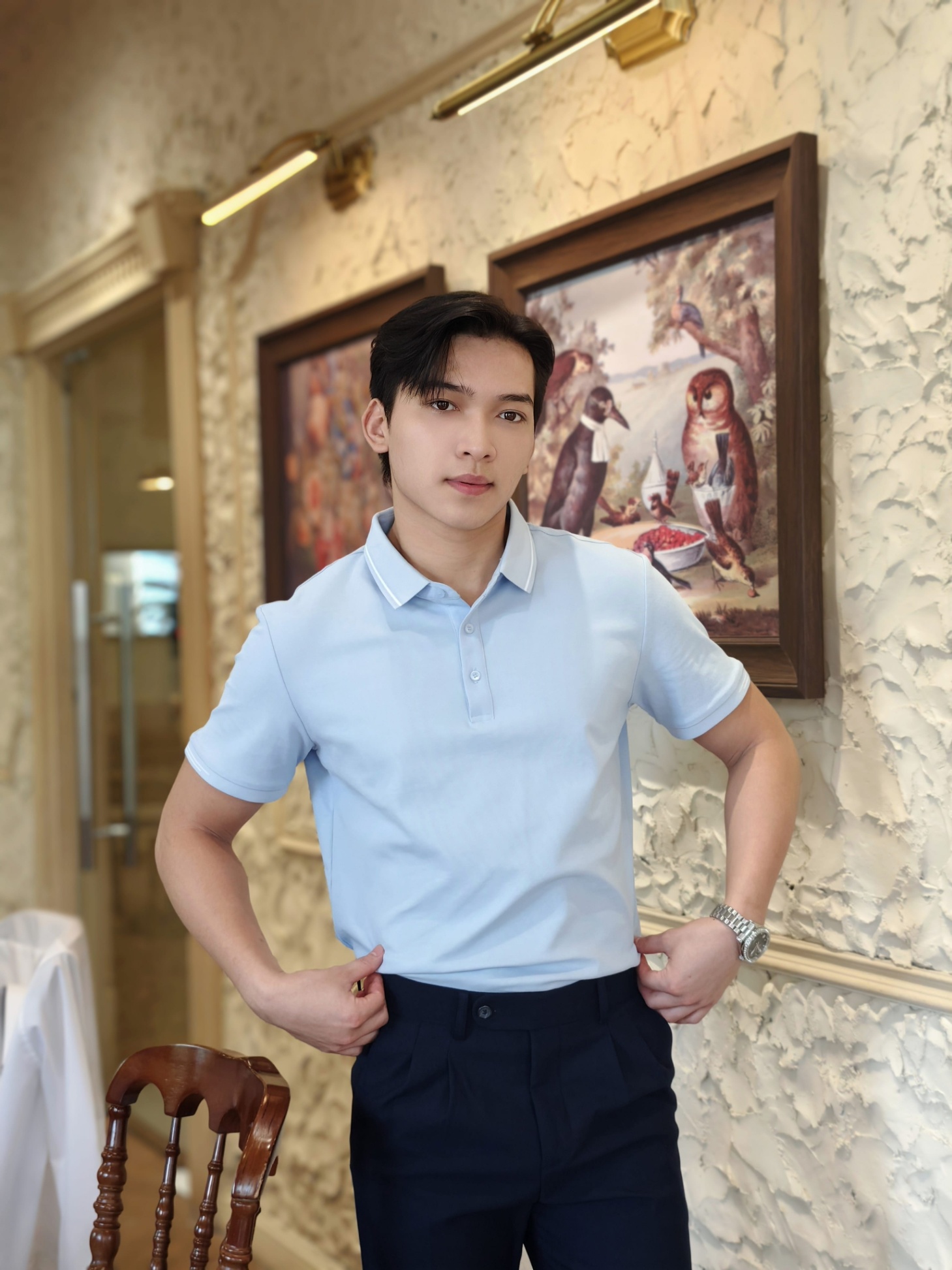 AF cổ bẻ , màu xanh , cổ - cổ tay kẻ trắng #382