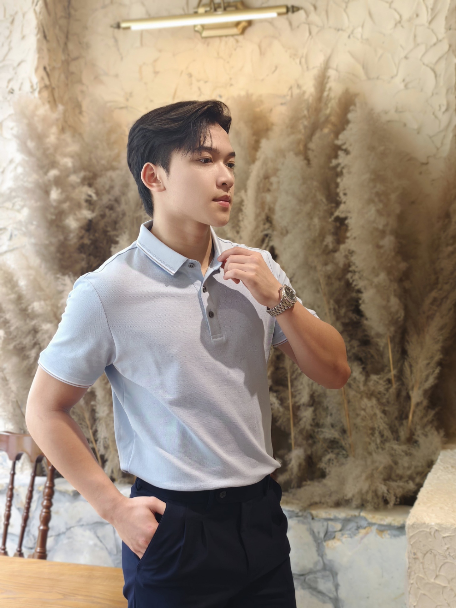 AF cổ bẻ , màu xanh , cổ - cổ tay kẻ trắng nâu #383