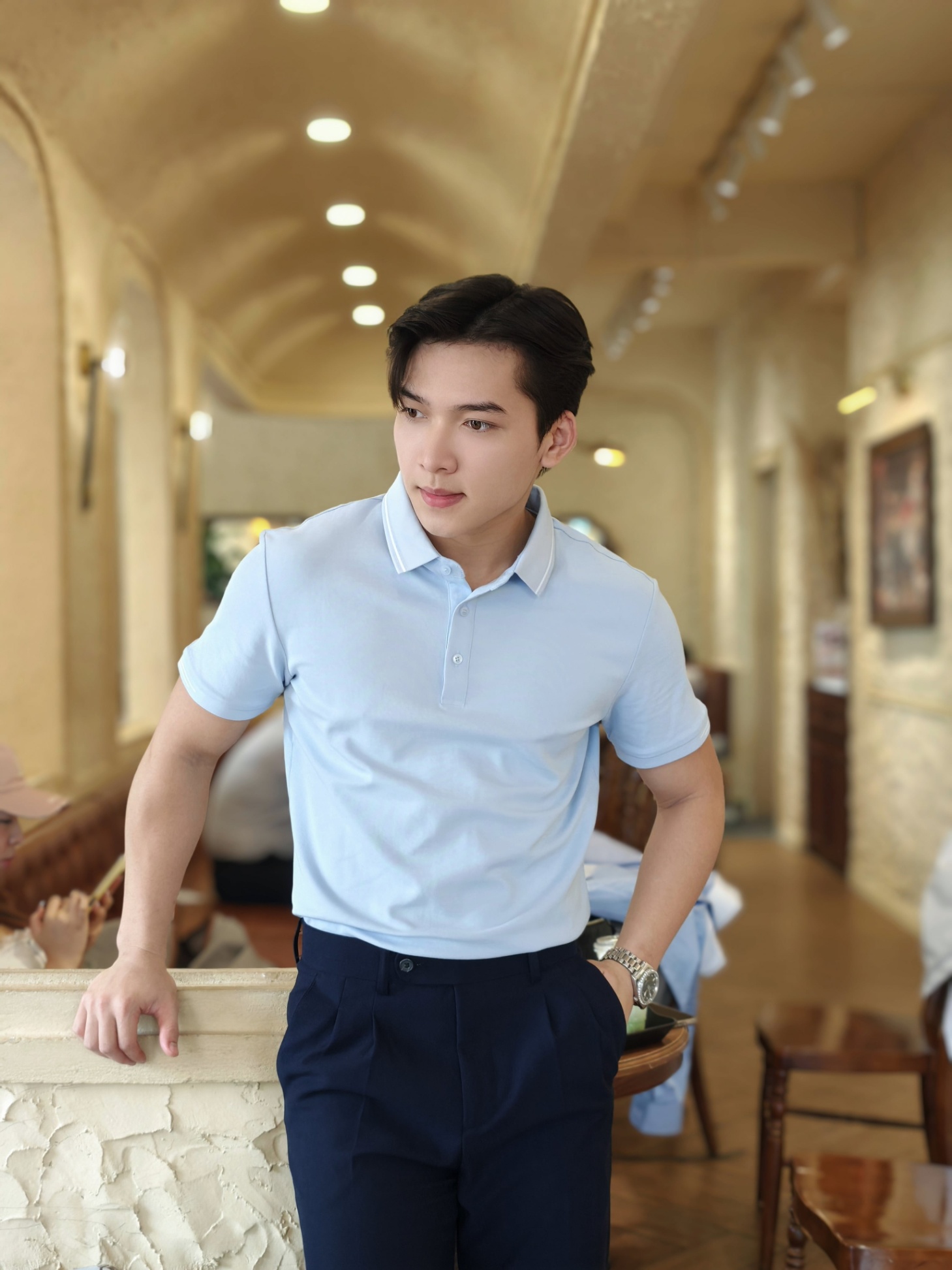 AF cổ bẻ , màu xanh , cổ - cổ tay kẻ trắng #382