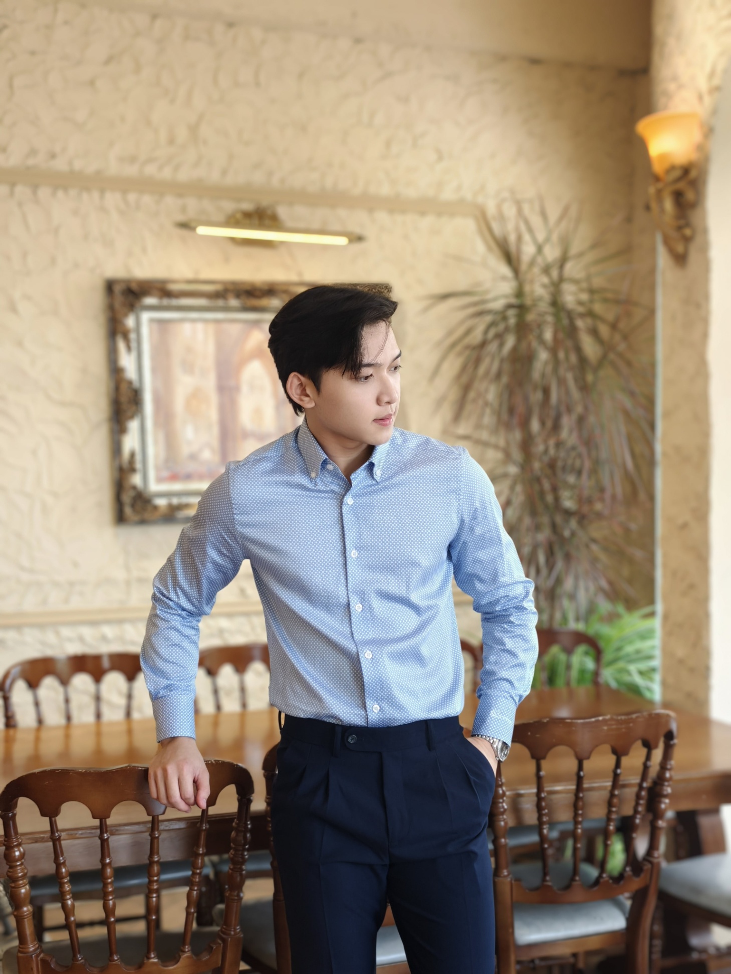 SM regular fit dài tay, màu xanh chấm tròn ô vuông trắng #1142