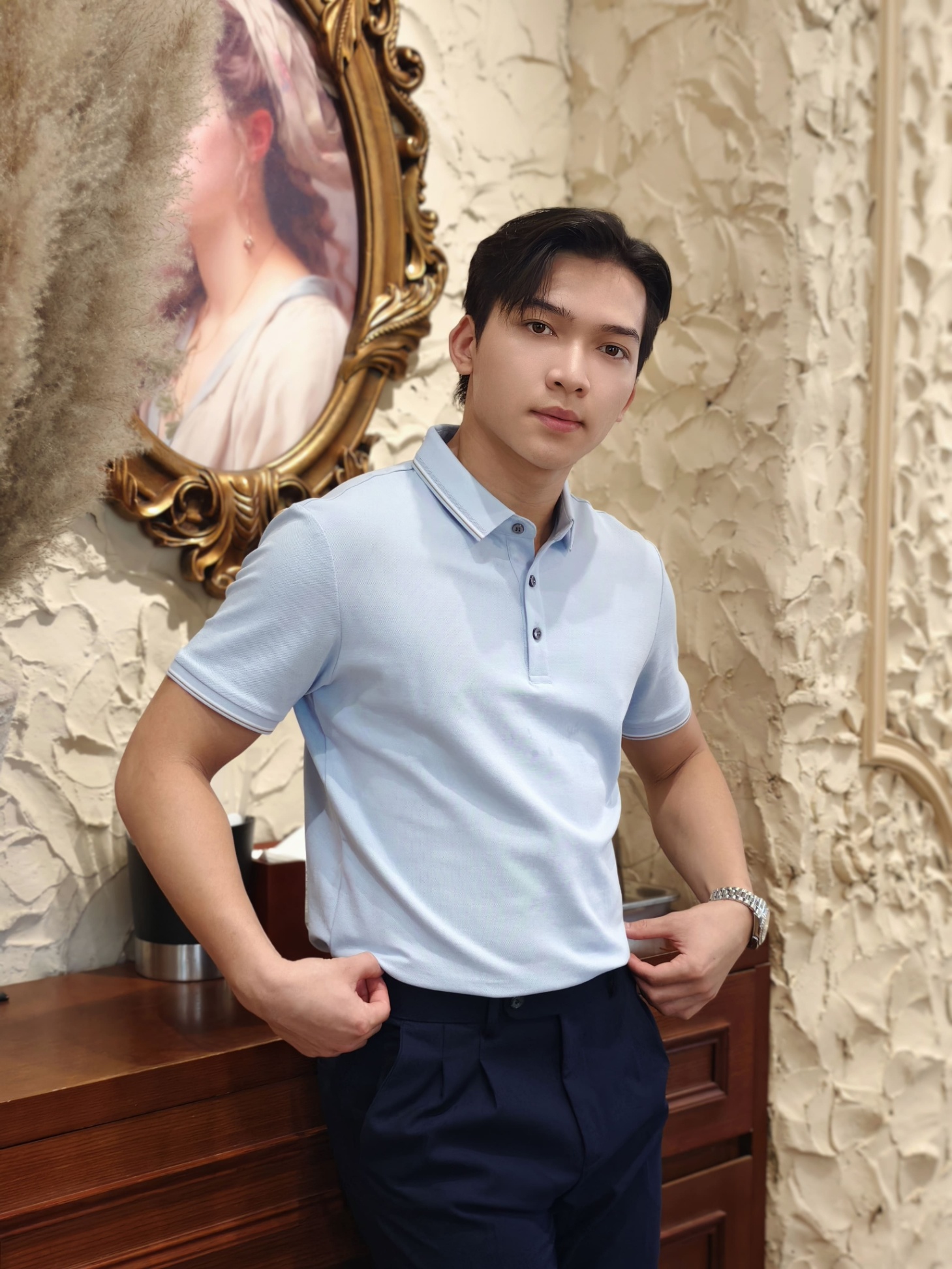 AF cổ bẻ , màu xanh , cổ - cổ tay kẻ trắng nâu #383