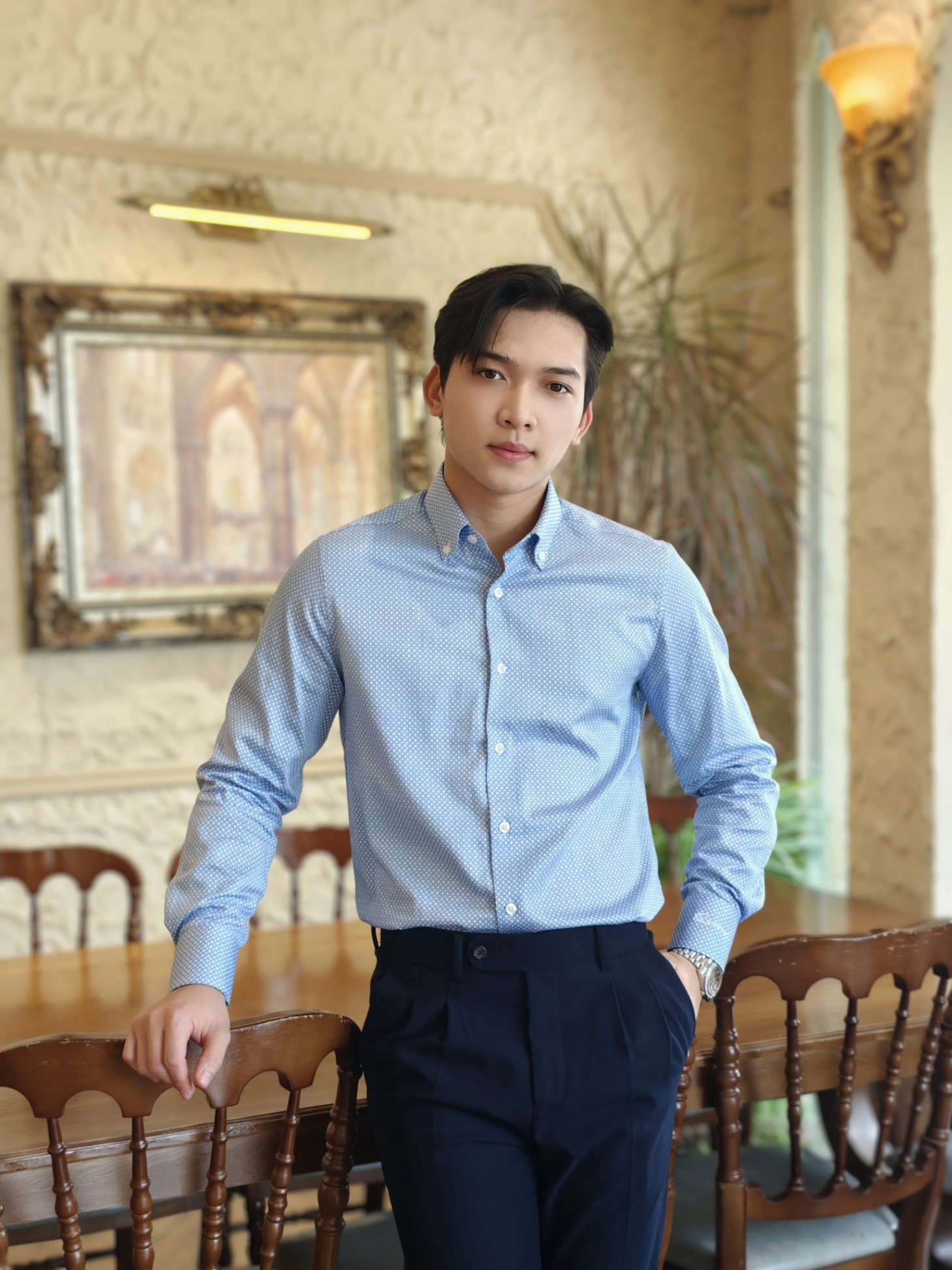 SM regular fit dài tay, màu xanh chấm tròn ô vuông trắng #1142