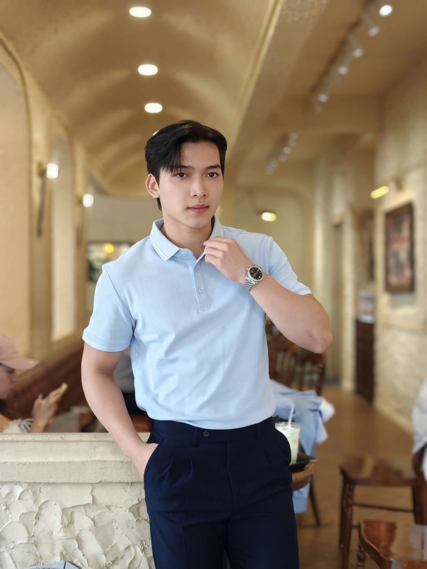 AF cổ bẻ , màu xanh , cổ - cổ tay kẻ trắng #382