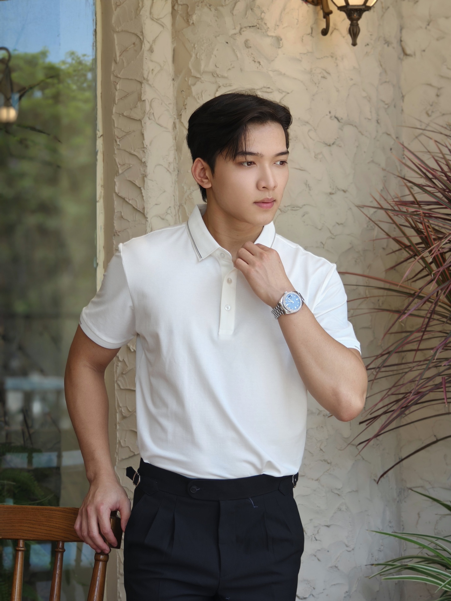 AF cổ bẻ màu trắng , cổ - cổ tay kẻ xám nâu 6702 #377