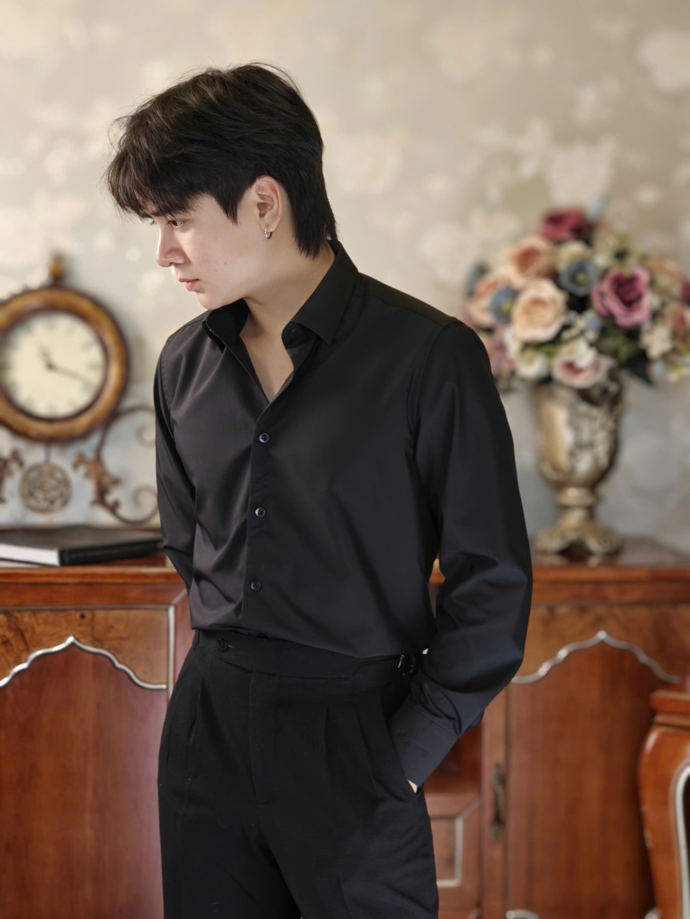 SM regular fit dài tay , màu đen trơn , cổ basic #1146