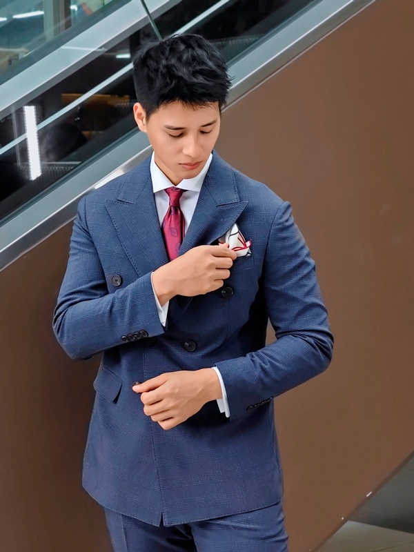 Vest xanh kẻ đen đan ô vuông,ve nhọn, hai hàng khuy #549
