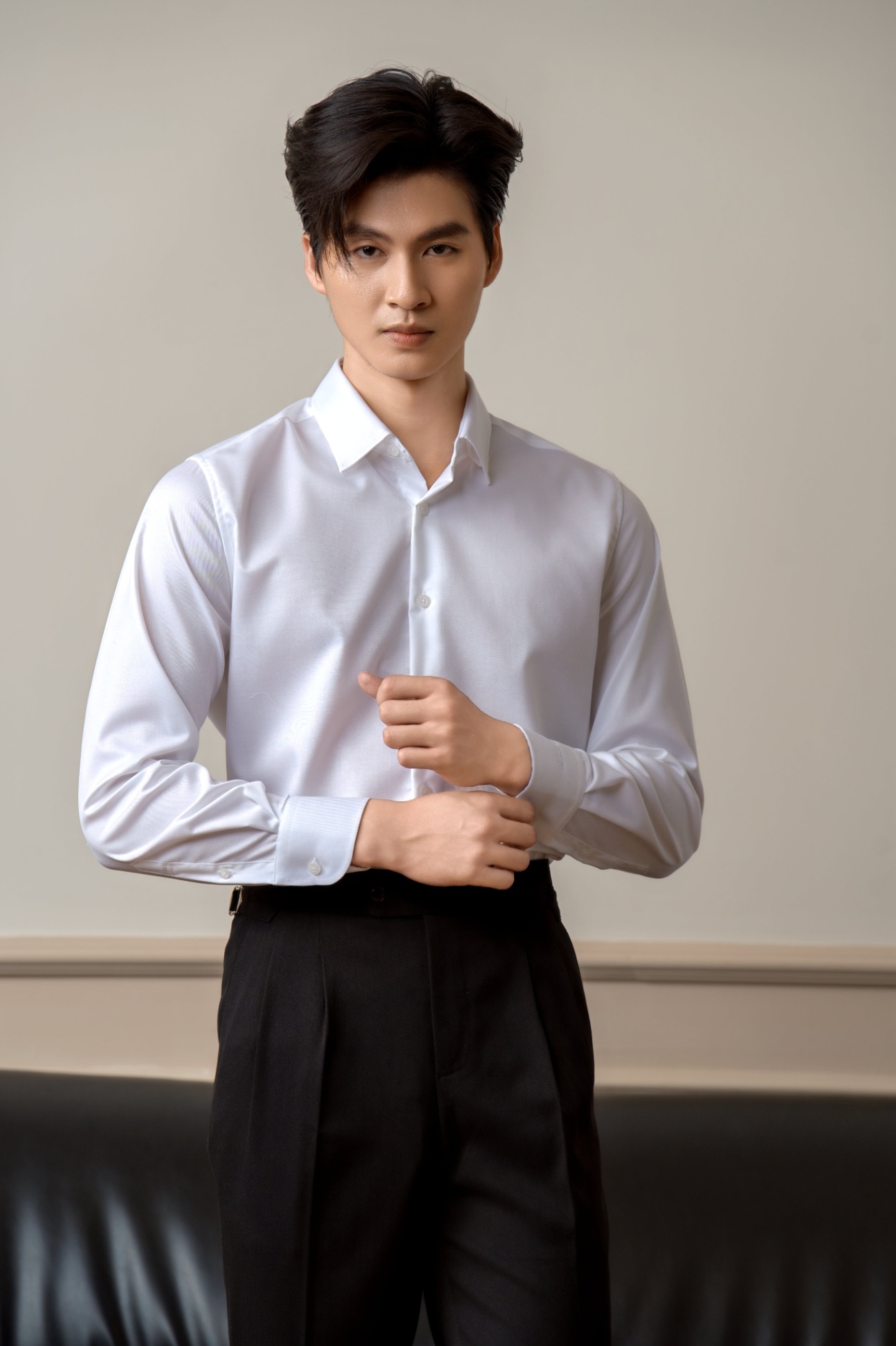 SM regular fit dài tay , màu trắng trơn , cổ basic #1145