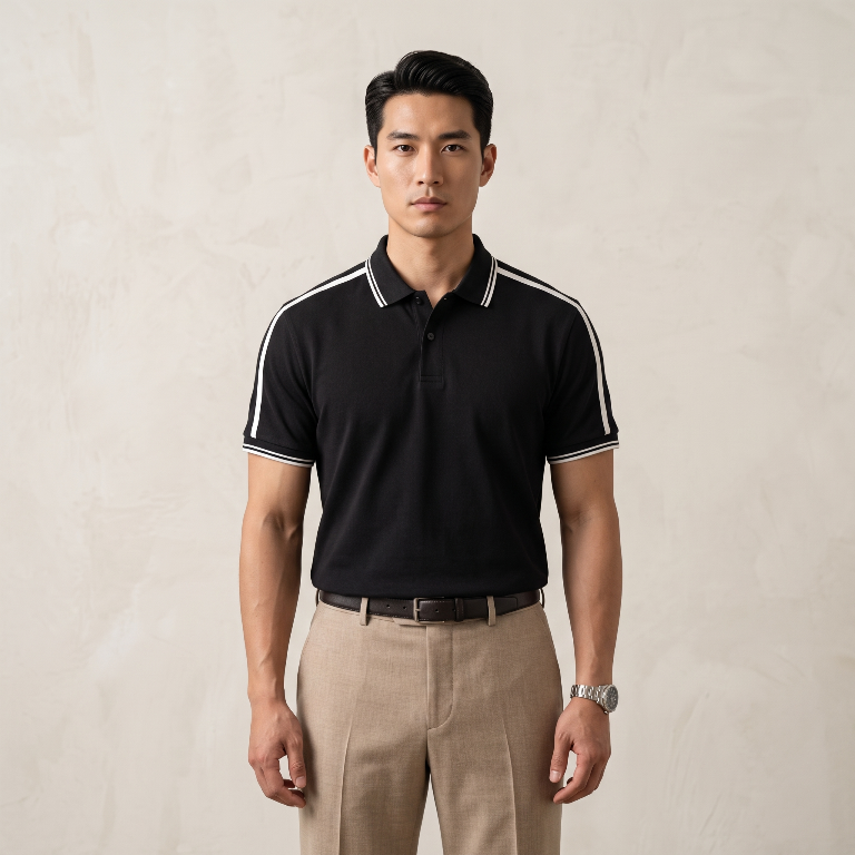 AF cổ bẻ , màu đen , cổ - vai kẻ trắng 3787 #400