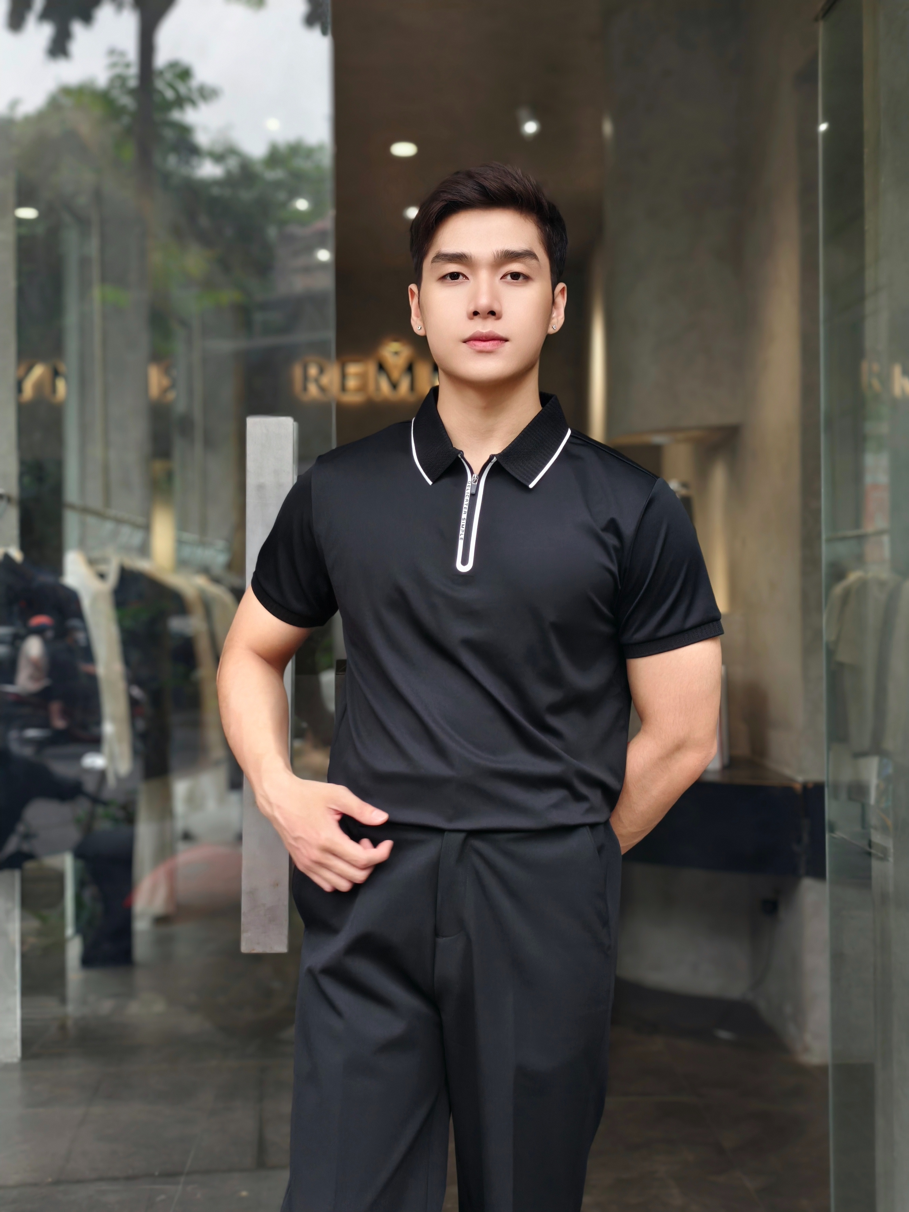 AF cổ bẻ , màu đen navy trơn khóa kéo 86101 #389