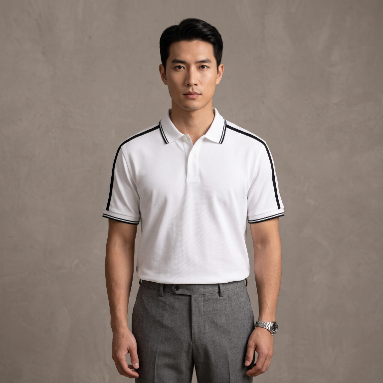 AF cổ bẻ , màu trắng , cổ - vai kẻ đen 3787 #401