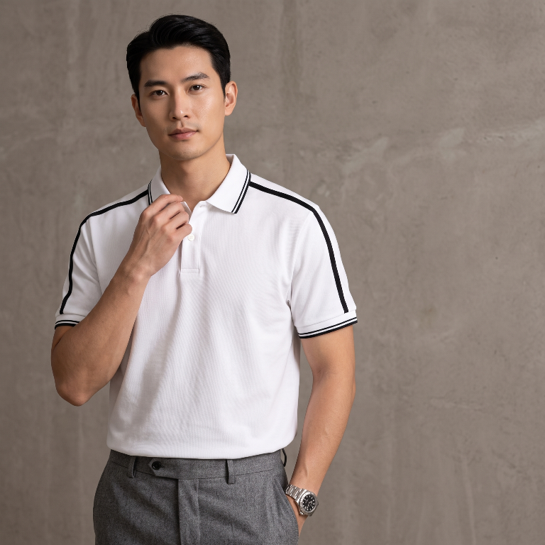 AF cổ bẻ , màu trắng , cổ - vai kẻ đen 3787 #401