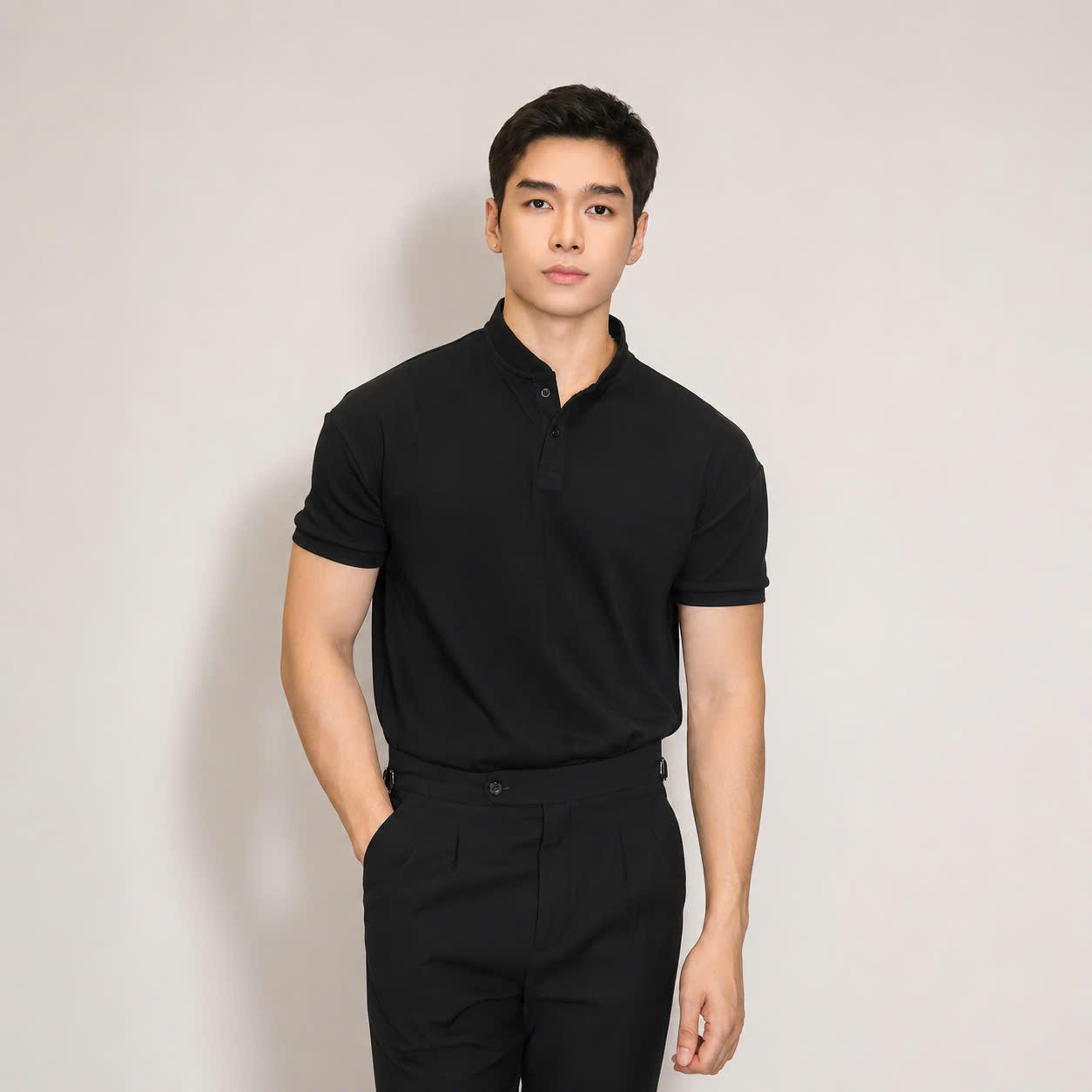 AF cổ tàu , màu đen trơn , vải katin cao cấp #397