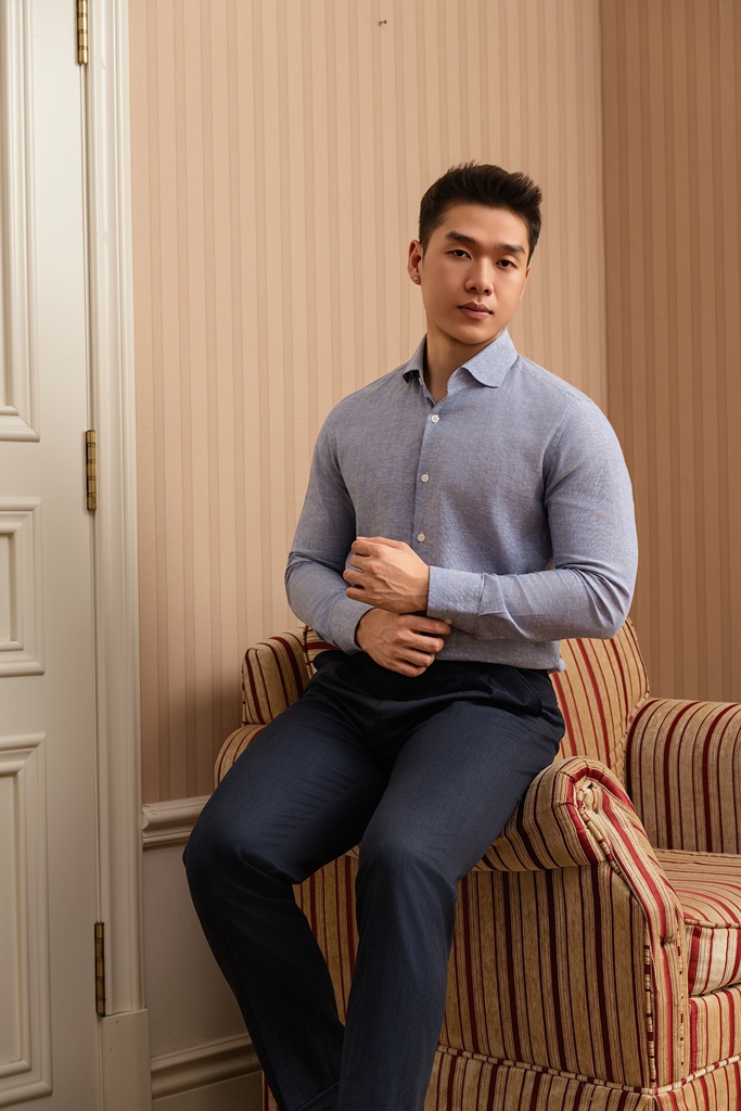SM regular fit dài tay , cổ Spread , màu Xanh dusty dệt sọc nổi #1169