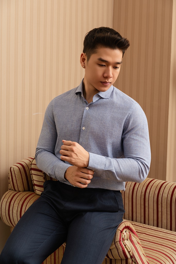 SM regular fit dài tay , cổ Spread , màu Xanh dusty dệt sọc nổi #1169
