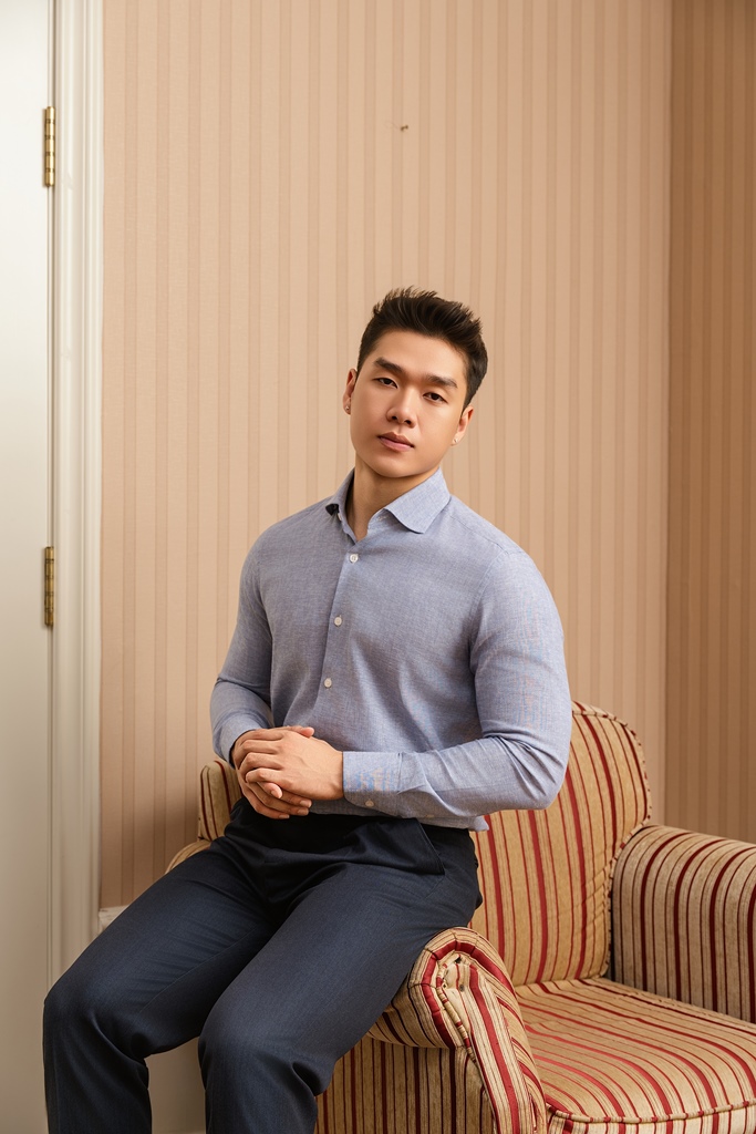 SM regular fit dài tay , cổ Spread , màu Xanh dusty dệt sọc nổi #1169