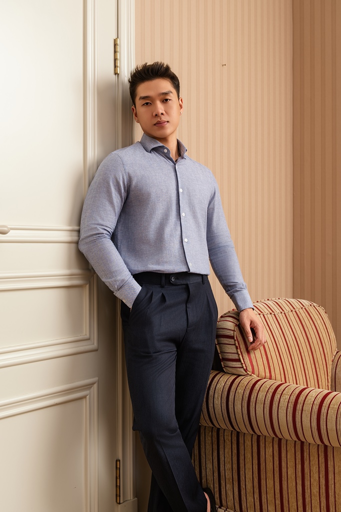 SM regular fit dài tay , cổ Spread , màu Xanh dusty dệt sọc nổi #1169