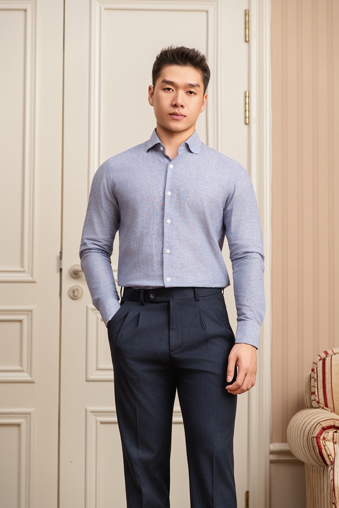 SM regular fit dài tay , cổ Spread , màu Xanh dusty dệt sọc nổi #1169