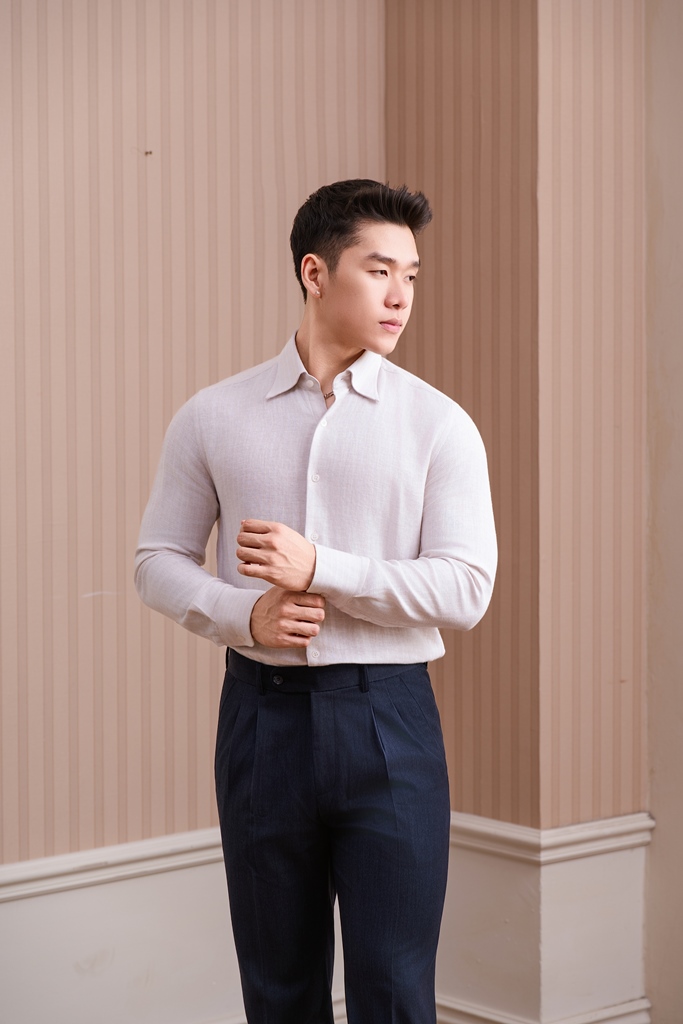SM regular fit dài tay , cổ hidden button-down , màu kem ngà herringbone #1170