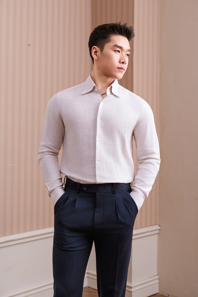 SM regular fit dài tay , cổ hidden button-down , màu kem ngà herringbone #1170