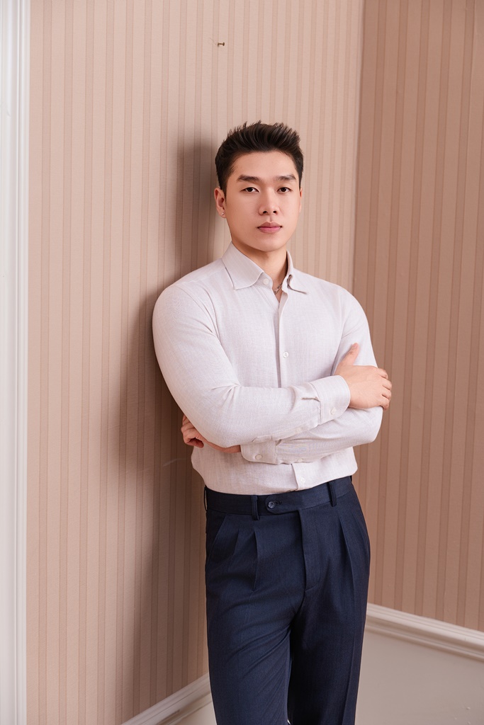 SM regular fit dài tay , cổ hidden button-down , màu kem ngà herringbone #1170