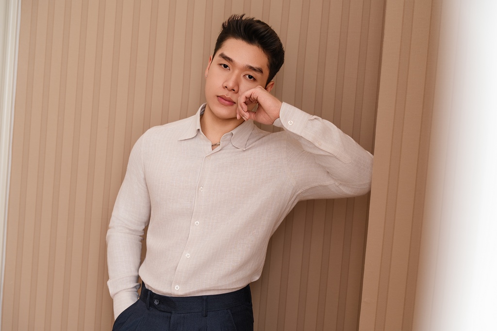 SM regular fit dài tay , cổ hidden button-down , màu kem ngà herringbone #1170