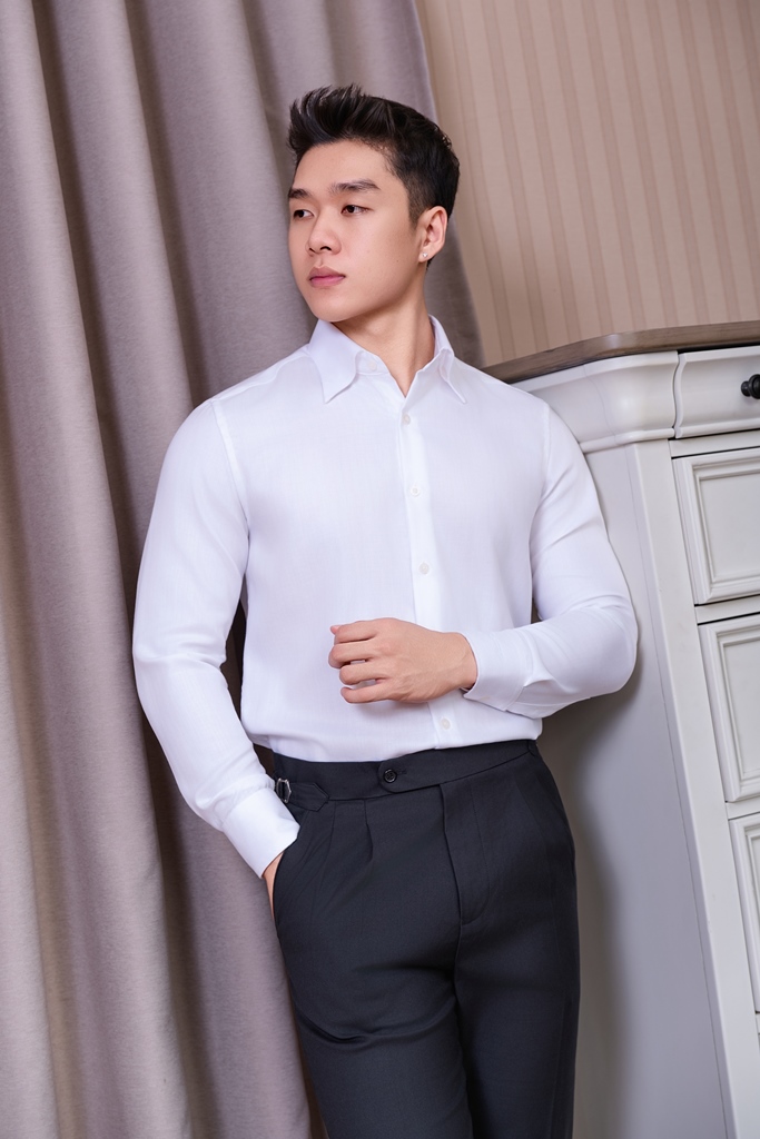 SM regular fit dài tay, màu trắng vải dệt herringbone , cổ button down hidden #1121