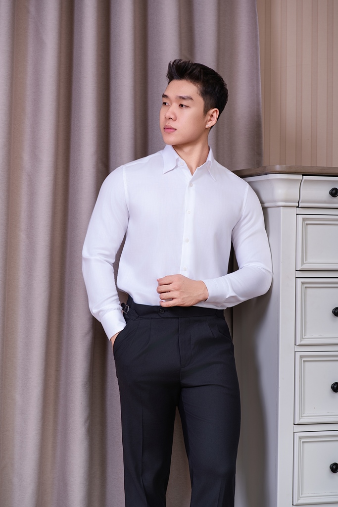 SM regular fit dài tay, màu trắng vải dệt herringbone , cổ button down hidden #1121