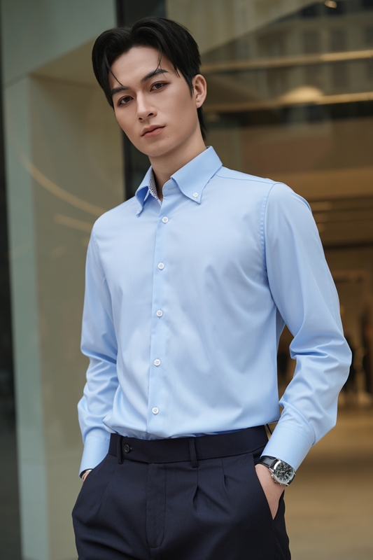 SM regular fit dài tay ,màu xanh, lót cổ - cổ tay kẻ ô vuông đen #1159