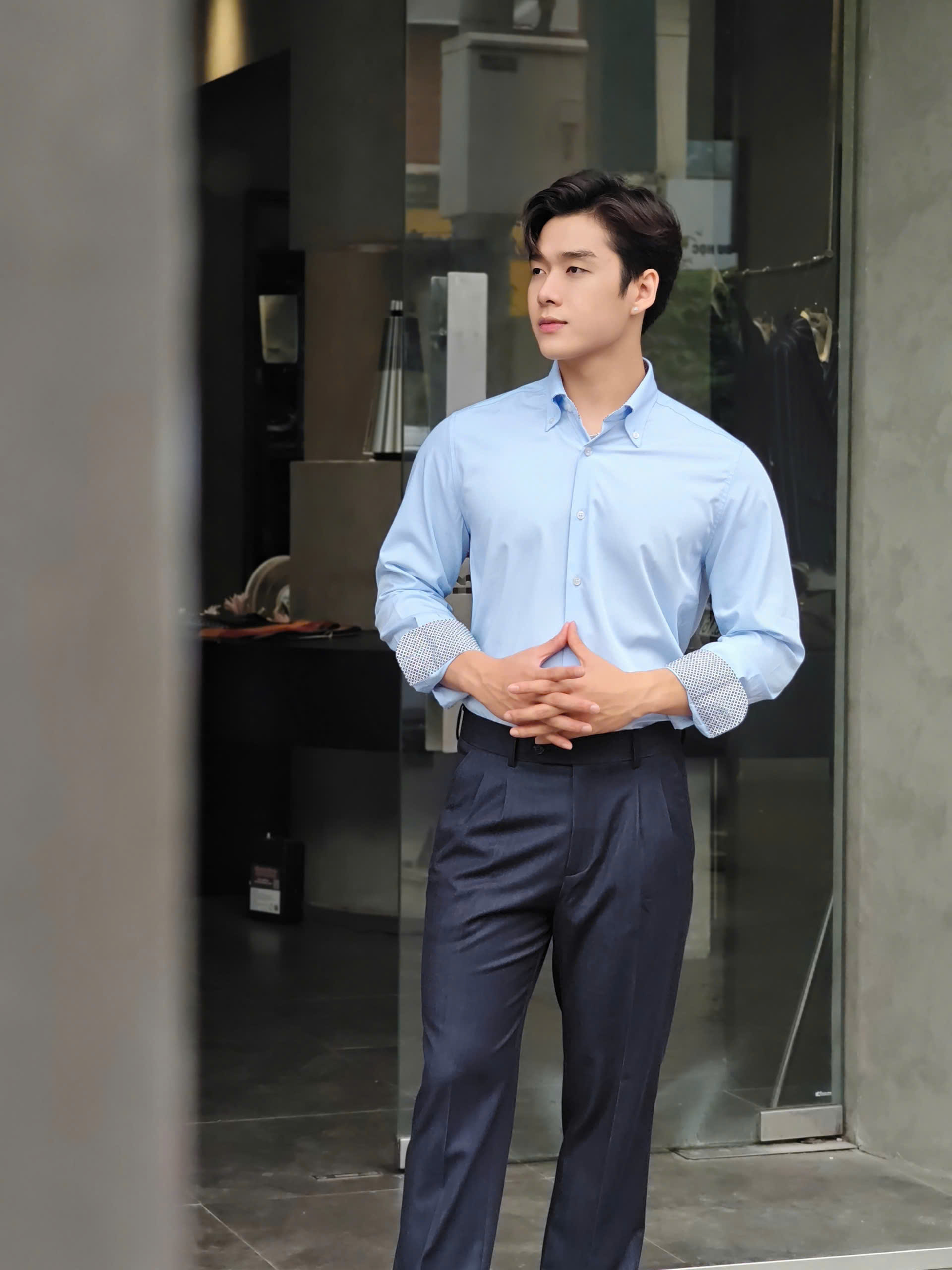 SM regular fit dài tay ,màu xanh, lót cổ - cổ tay kẻ ô vuông đen #1159