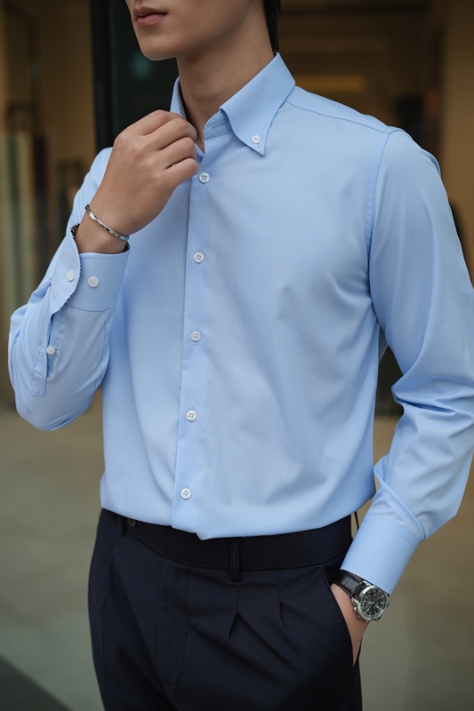 SM regular fit dài tay ,màu xanh, lót cổ - cổ tay kẻ ô vuông đen #1159