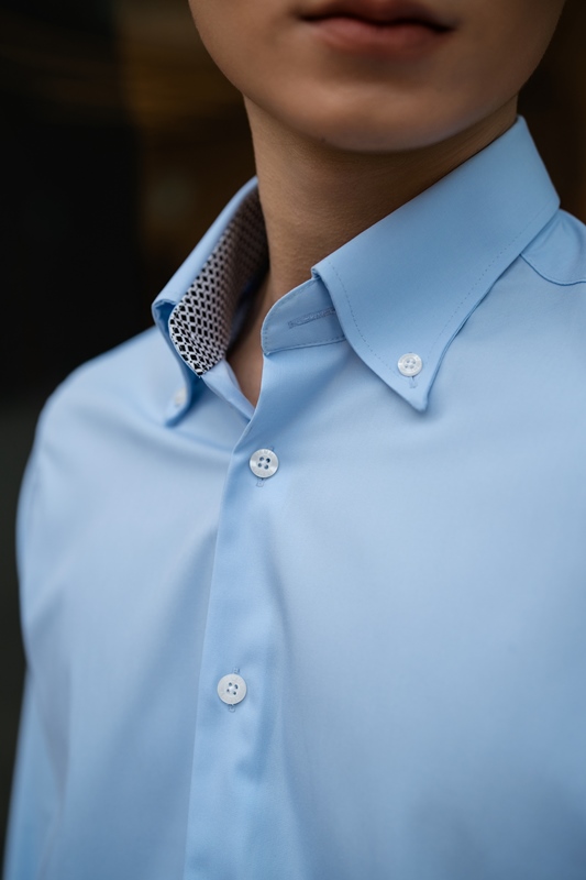 SM regular fit dài tay ,màu xanh, lót cổ - cổ tay kẻ ô vuông đen #1159