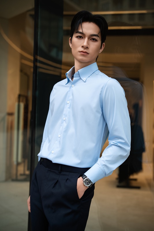 SM regular fit dài tay ,màu xanh, lót cổ - cổ tay kẻ ô vuông đen #1159