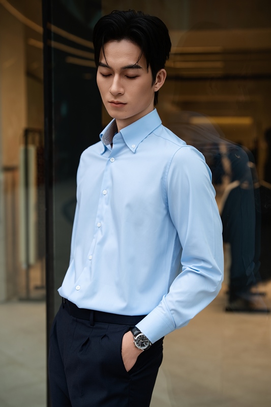 SM regular fit dài tay ,màu xanh, lót cổ - cổ tay kẻ ô vuông đen #1159