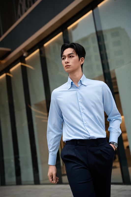 SM regular fit dài tay ,màu xanh, lót cổ - cổ tay kẻ ô vuông đen #1159