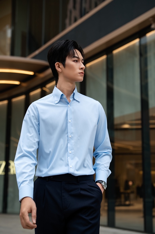 SM regular fit dài tay ,màu xanh, lót cổ - cổ tay kẻ ô vuông đen #1159