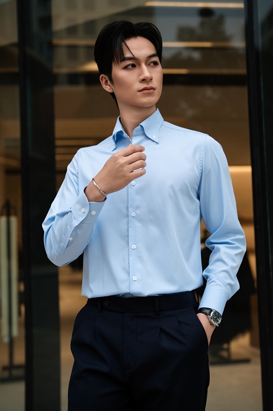 SM regular fit dài tay ,màu xanh, lót cổ - cổ tay kẻ ô vuông đen #1159