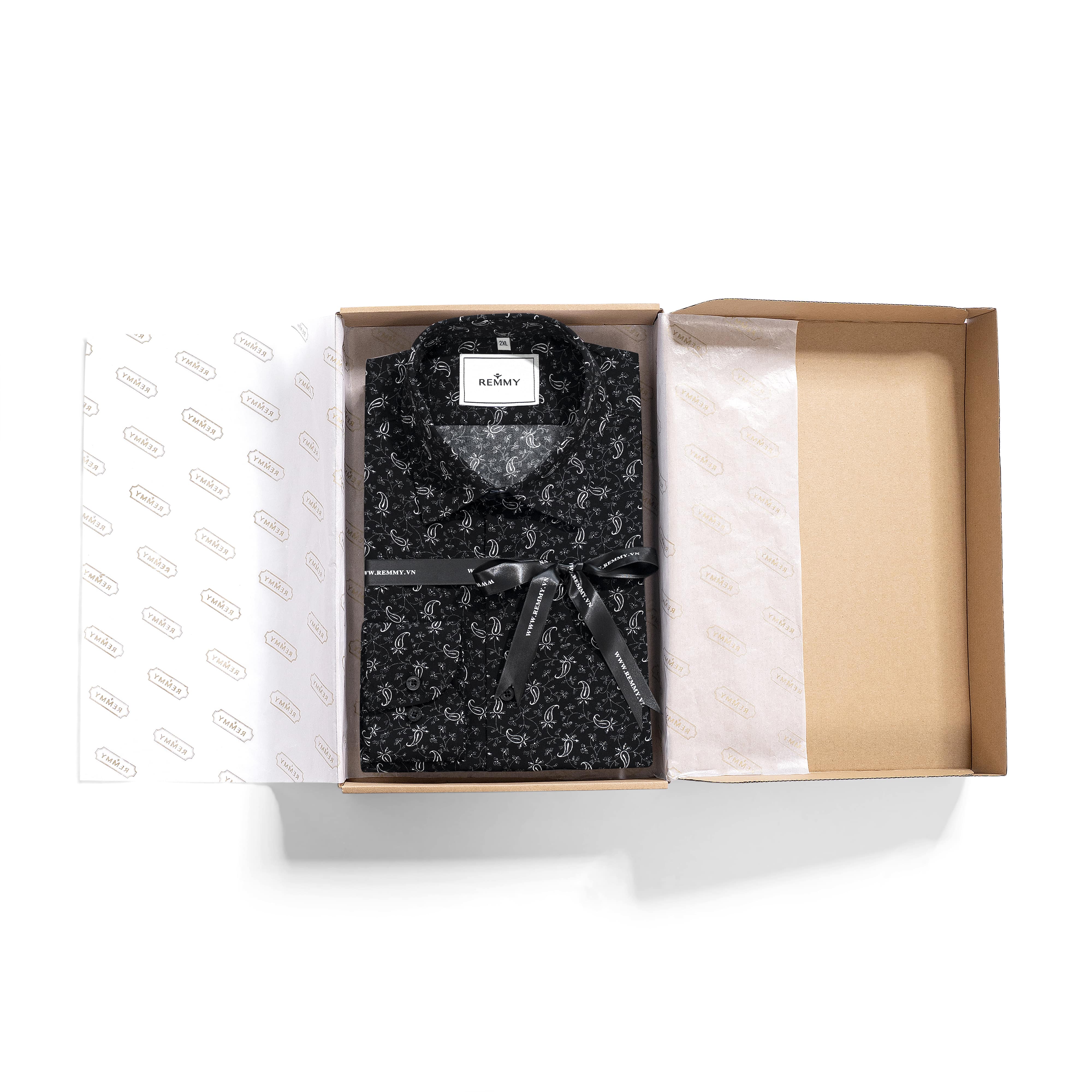 SM regular fit lụa dài tay, màu đen họa tiết paisley , cổ basic #1139