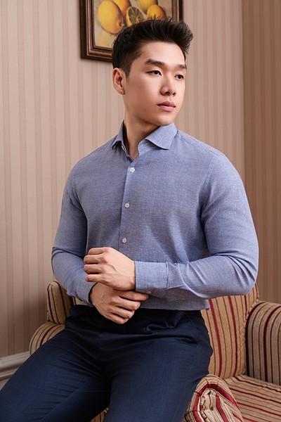 SM regular fit dài tay , cổ Spread , màu Xanh dusty dệt sọc nổi #1169