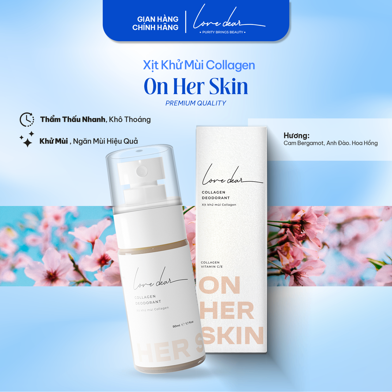 Xịt Thơm Khử Mùi ON HER SKIN Hương Nước Hoa Body Mist LoveDear Thơm Lâu Unisex - Có Collagen Và Vitamin C E 50ml.jpg