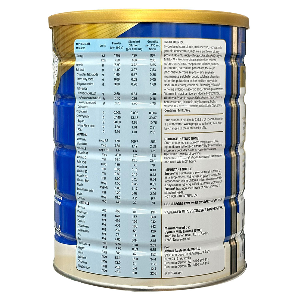 Sữa bột Ensure Úc 850g Vani, Ensure Úc nội địa