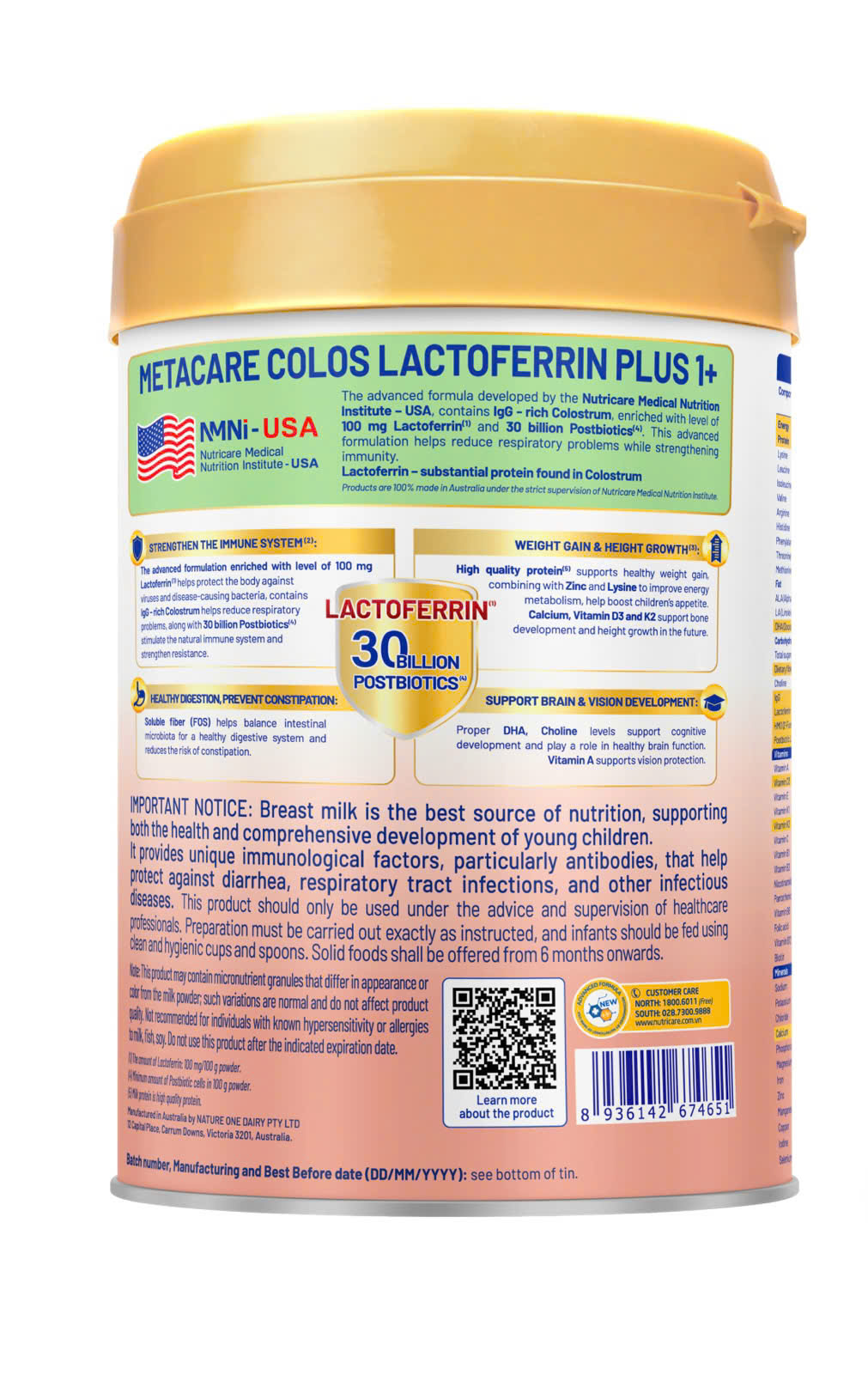 Nutricare Metacare Colos Lactoferrin Plus 1+ 800g – Dinh Dưỡng Cao Cấp Từ Úc Cho Trẻ 1-2 Tuổi