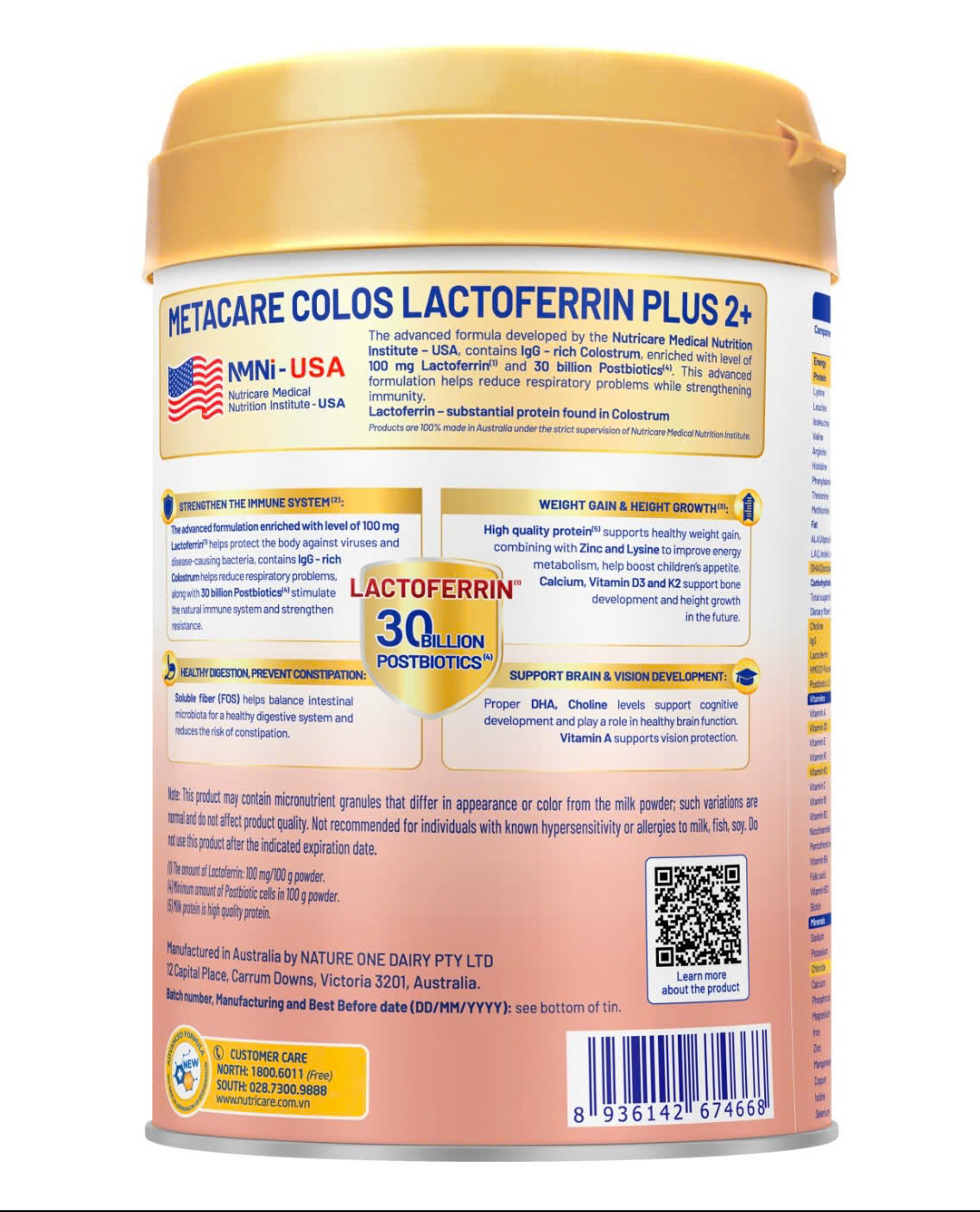 Nutricare Metacare Colos Lactoferrin Plus 2+ 800g – Dinh Dưỡng Chuẩn Úc Cho Trẻ 2-3 Tuổi