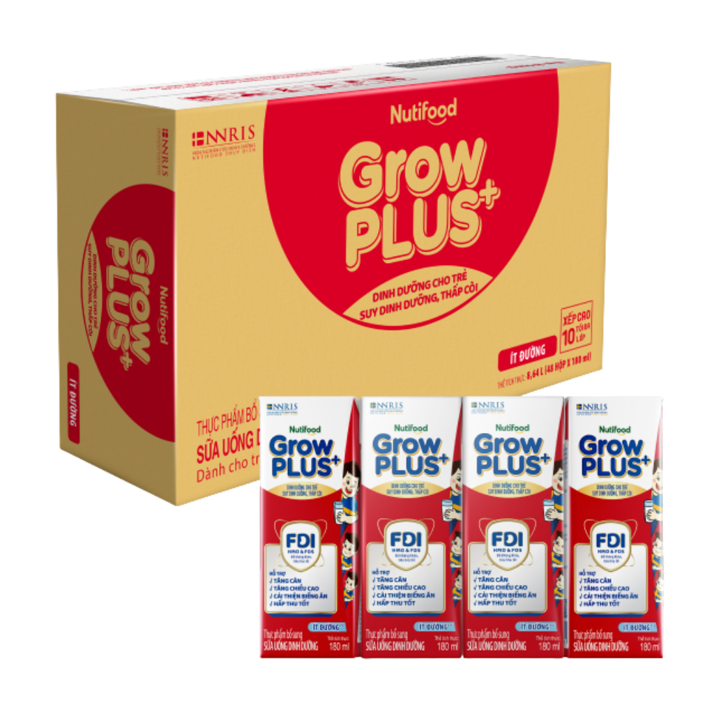 Thùng 48 hộp sữa pha sẵn Nutifood GrowPLUS+ đỏ ít đường hương vani 180 ml cho trẻ suy dinh dưỡng, thấp còi (từ 1 tuổi)