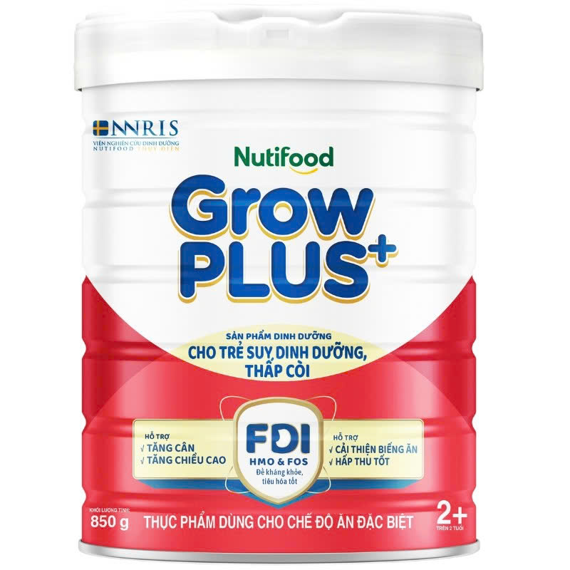 Sữa cho trẻ suy dinh dưỡng, thấp còi (đỏ) Nutifood growplus+ 2+ (850g)