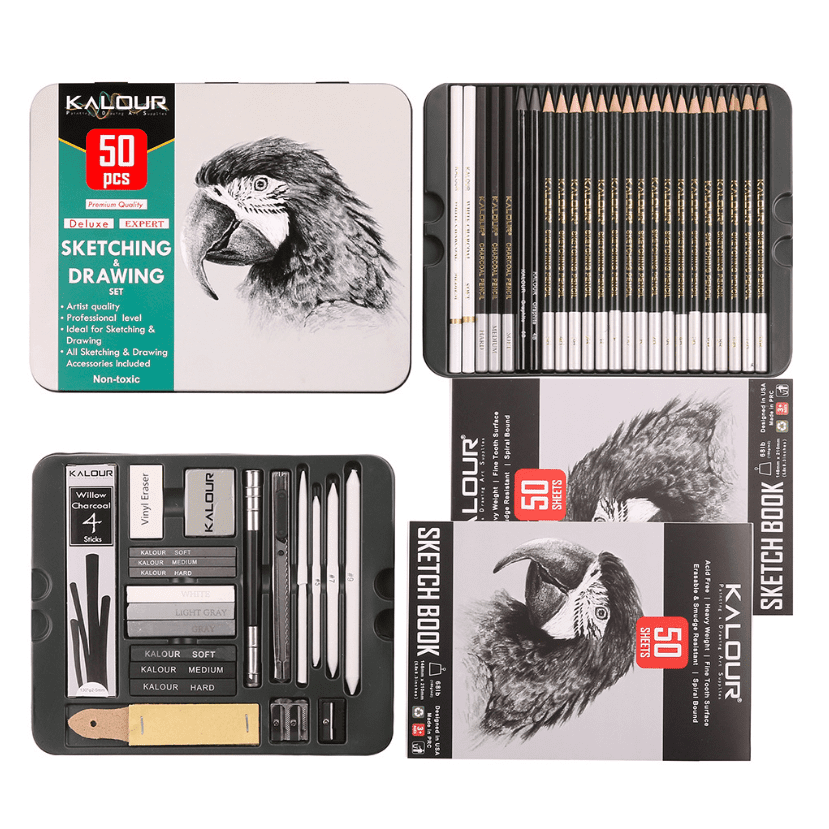 Bộ phác thảo Kalour hộp thiếc 50 món tặng kèm 2 sổ Sketchbook A5