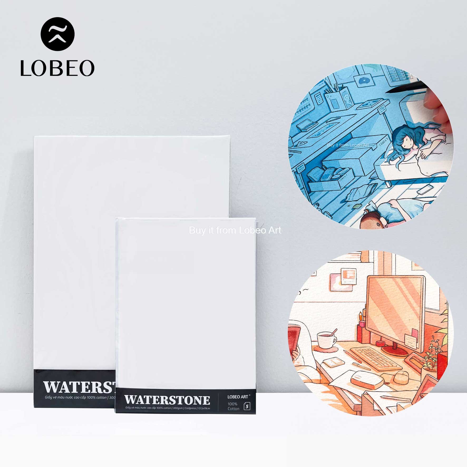 Giấy màu nước Lobeo Waterstone 100% cotton 300gsm Coldpress