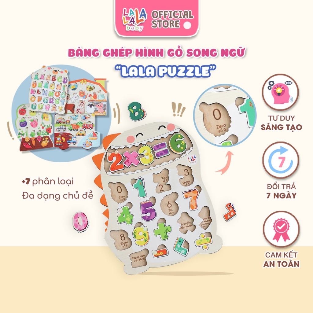 Bảng núm gỗ cho bé Song Ngữ Lalapuzzle lắp ghép gỗ chữ cái động vật hoa quả rau củ nhiều chủ đề Lalala baby